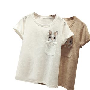 女性Tシャツ漫画ウサギプリントポケットカジュアルOネック半袖緩い夏刺繍ファッションストリートウェアトップ210522