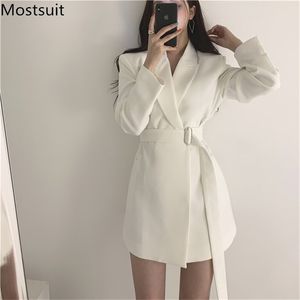 Koreanska Vintage Belted Women Blazer Jacket Vår Höst Långärmad Casual Fashion Office Kvinna Coats Toppar Blazers Femme 210513