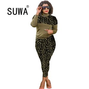 Woman Clothing Autumn Tracksuits Two Piece Set Leopard Printed Fleece Pullover Pants Casual 2 Matching Sets Womens Outfits 210525