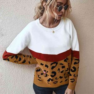 Leopard Stitching O neck knit Sweater women Autumn Winter Fashion Print Knitted Women Pullovers 210508