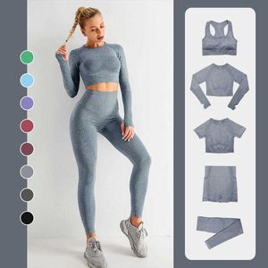 2/3/5 PCS Seamlyogaセットジム服fitnsportswearトリミングシャツスポーツブラジスハイウエストレギンススポーツスーツx0629