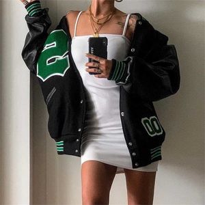 Embroidery Letter Baseball Jackets Women High Street PU Leather Loose Men Jacket Coat Oversized Hip Hop Harajuku Bomber 211025