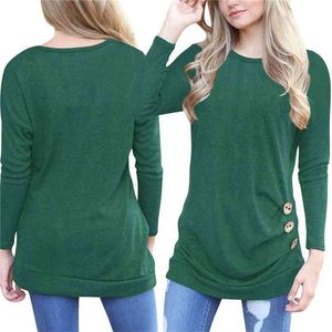 Katı Renk Ekip Boyun T-shirt Sonbahar Kış Kadın Uzun Raglan Kollu Moda Düğme Rahat Gevşek Üst Joker Fold Kazak 210522