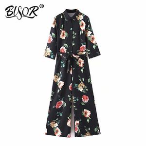 Kvinnor Jumpsuit Flower Print Svart Eleganta Rompers Slå ner Krage Långbyxor Ladies Overaller Jumpsuits 210430