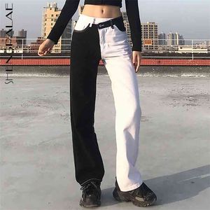 Irregular Splicing Contrast Color Jeans Women's Spring High Waist Straight Tube Female Denim Pants 5A1191 210427