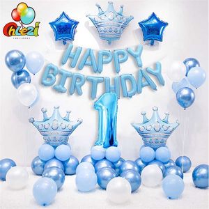 1 Set Blue Pink Crown Birthday Balloons Helium Number Foil Balloon for Baby Boy Girl 1st Birthday Party Decorations Kids Shower 211216