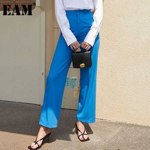 [EAM] 높은 허리 블루 브리핑 긴 캐주얼 와이드 레그 바지 새로운 느슨한 맞는 바지 여성 패션 조류 봄 가을 2021 1DD8060 Q0801