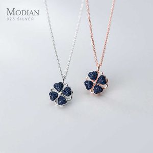 Mode Sterling Zilveren Navy Blue Crystal Hearts Shape Four Petal Flower Hanger Ketting voor Vrouwen Fijne Sieraden Gift
