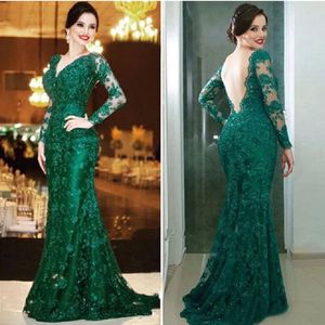 Mãe de sereia da noiva vestidos lace esmeralda verde mangas compridas abertas de volta requintado trompete vestidos de festa de casamento desgaste da noite