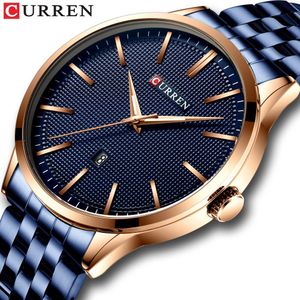 Модные кварцевые часы для мужчин Curren Новые мужские часы из нержавеющей стали кольцевые часы мужские синие наручные часы Blue Blue Blue Business Q0524