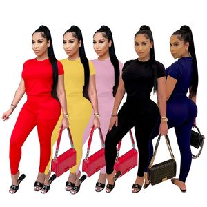 Kvinnor Solid Färger Tracksuits Fashion Trend Short Sleeve Round Neck Toppar Trousers Två Piece Set Kvinnlig Casual Slim Jogging Sportkläder