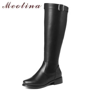 Meotina Women Riding Boots Autumn Buckle Chunky Heels Knee High Boots Zipper Round Toe Long Shoes Ladies Winter Plus Size 34-43 210608