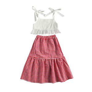 2-7y sommar toddler barn barn flicka kläder uppsättning bandage ärm sling gröda toppar plaid långa kjolar strand semester outfits 210515