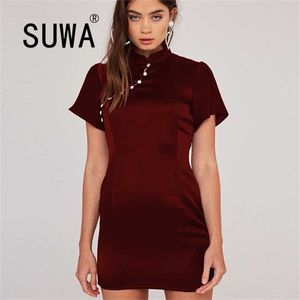 Solid Color Chinese Style Vintage Casual Dress Women Summer Arrival Short Sleeve Party Wedding Mini Robe Free 210525