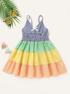 Neue Sommer Mädchen Kleid Strap Plaid Bogen Ärmellose Party Prinzessin Kleid Nette Kinder Baby Kinder Mädchen Kleidung 1-6Y Q0716