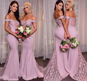 Simple Lavender Charming Mermaid Long Bridesmaid Dresses Plus Size Lace Applique Floor Length Off Shoulder Bohemian Boho Wedding Guest Gowns Maid Of Honor Dress