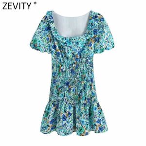 Zevity Kobiety Sweet Agaric Koronki Kwiatowy Druku Plisowany Slim Sukienka Prairie Chic Kobieta Rękaw Puff Vestido Ruffles Mini Dress DS8286 210603