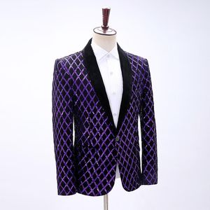 Men's Suits & Blazers Luxury Mens Sequined Check Pattern Purple Beading Black Tuxedo Jacket/stage Performance Jacket/stuido/club/event Jacke