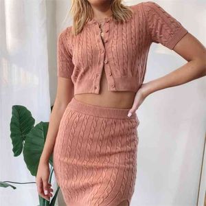 High Street Women 2 Piece Set Summer Women's Fashion Lady Solid Color Sweater Skirt Suit Två Top och 210508