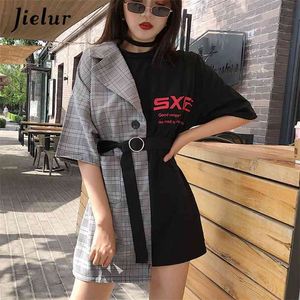 Jielur Patchwork Frauen T-shirts Gefälschte Zwei Stücke Schärpen Neuheit Vintage High Street Tee Weibliche Hit Farbe Gnade Einfache Tops Femme 210720