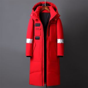 Winter Men Long White Duck Down Jackets Hooded Fashion Thicken Warm Overcoats Loose Down Coats Man Parkas Black Red White 211104