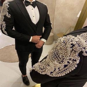 Luxo Noivo Casamento Smoking Pérolas Miçangas Festa Masculina Prom Calças Ternos Casaco Roupa de Negócios 2 Peças