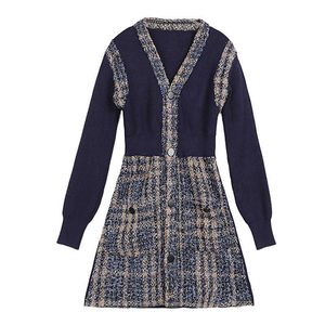 Talvez u Vestir Tweed Tweed Malha Navy Patchwork Mini Curto Elegante Doce V Neck Manga Longa Sexy Inverno D1518 210529