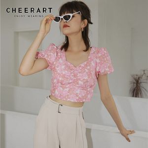 Rosa Blumen-Crop-Bluse für Damen, quadratischer Kragen, Puffärmel, Blumen-Top, Sommer, kurz, koreanische Mode, 210427