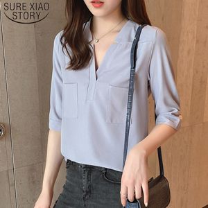 Lato Szyfonowe Koszule Koszulki V-Neck Loose Pół Rękaw Koszula Koszula Kremowa Solidne Slim Bluzki Plus Rozmiar 6949 50 210510