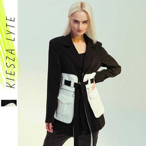 Women Black Pocket Split Temperament Blazer Lapel Long Sleeve Loose Fit Jacket Fashion Spring Autumn coat 210608