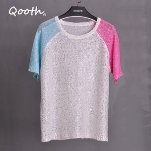 Qooth Sequin 's T 셔츠 탑스 여름 달콤한 흡인 짧은 소매 여성 Lurex 반짝이 티셔츠 흰색 패치 워크 블링 셔츠 QH2173 210609