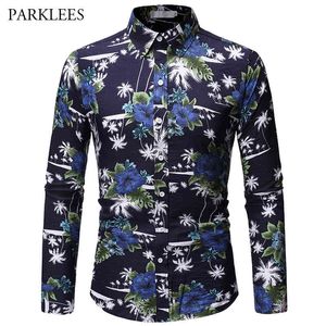 Outono flor planta padrão de mangas compridas moda masculina streetwear botão up casual slim fit algodão homens vestido camisas 210524