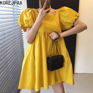 Korejpaa Women Dress Summer Korean Chic Cut-back Gentle Square Collar Solid Color Loose Casual Bubble Sleeve Short Vestido 210526