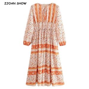 Bohemian Lacing Up V neck Floral Dress Holiday Woman Elastic Waist Long Sleeve Midi Dresses BOHO Beach 210429