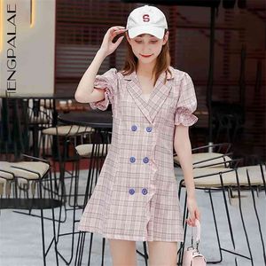 Pink Plaid Dress Women's Summer Notched Double Breasted Short Sleeve Above Knee Dresses Female Tide 5E305 210427