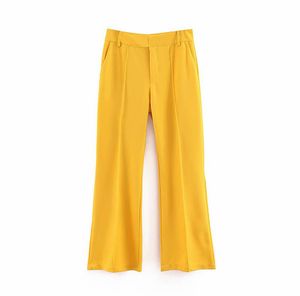 Kobiety Twill Szerokie nogi Spodnie Zipper Design Styl Europejski Styl Kobiet Vintage Casual Żółte Spodnie Wysokiej Talii Pantalones 210430