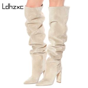 LDHZXC Over the Knee Boots Women Design Fur Warm Winter Shoes Women Fashion High Heel Thigh High Boots Long Woman Footwear 210911