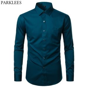 Mens Dress Shirt Button Down Shirts Casual Slim Fit Bamboo Fiber Elastic Office Wedding Work Shirt Wrinkle Free Chemise Green 210522