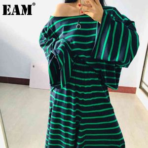 [EAM] Half-body Skirt Striped Big Size Two Pieces Suit Slash Neck Long Sleeve Loose Women Fashion Spring Autumn 1X440 21512