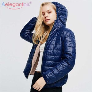 AELEGANTMIS女性のファッションショートフード付きパーカー冬シャーパのジャケットダウンコットンコートカジュアルスノーアウトメスプラスサイズ210607