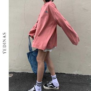 Yedinas Outono Manga Longa T-shirt Wome Basic Camiseta Oversize T Harajuku Casual Loose Tshirt Coreano Branco Tops 210527