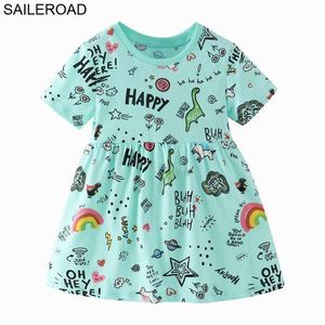 Saileroad Letnia Sukienka Dziewczyna 2020 Dinozaurów Drukuj Ubrania Dla Dzieci Party Sukienki Bawełniane Lituits Toddler Odzież dziecięce Dresses Q0716