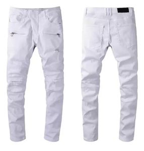 Designer mens jeans marca lavada design branco magro-perna denim calças leve estiramento magro motocicleta motociclista jean calças tamanho 28-