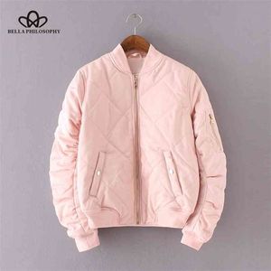 Spring Autumn Quilting Bomber Jacket Women Coat Zipper Long Sleeve Cotton-padded Pink Outwears 210914