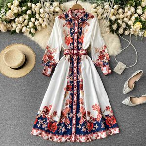 Fitaylor New Spring Autumn Women Vintage Stand Collar Floral Print Dress Elegant Single Breasted Bohemia Long Dress with Belt X0705