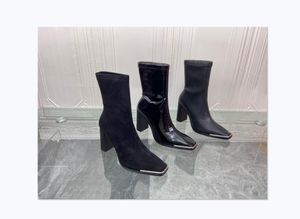 Botas curtas Femininas Quadrado Cabeça de Patente de Couro Grosso Salto alto Saltos Altos e Inverno Novo