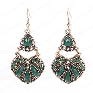 Orecchini pendenti pendenti vintage per le donne Boemia Thailandia Etnica Pietra di cristallo verde Waterdrop Jhumka Orecchino Gioielli indiani