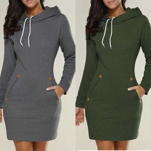 Bikoles Spring Höst Hooded Drawstring Women's Sweatshirt Dress Fashion Solid Pocket Package Hip Ladies Mini Dresses Plus Storlek Y1006