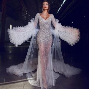 Feestjurken Tule Crystals Avondjurk Sequined Sexy Sjaal Prom Gown Exquisite V hals Formele Dressvestido de Festa