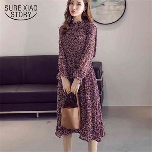 Red Women Dress Autumn Floral Print Empire Pleated Chiffon Dresses Flare Sleeve Stand Collar Vestidos Korean Style 8634 210510